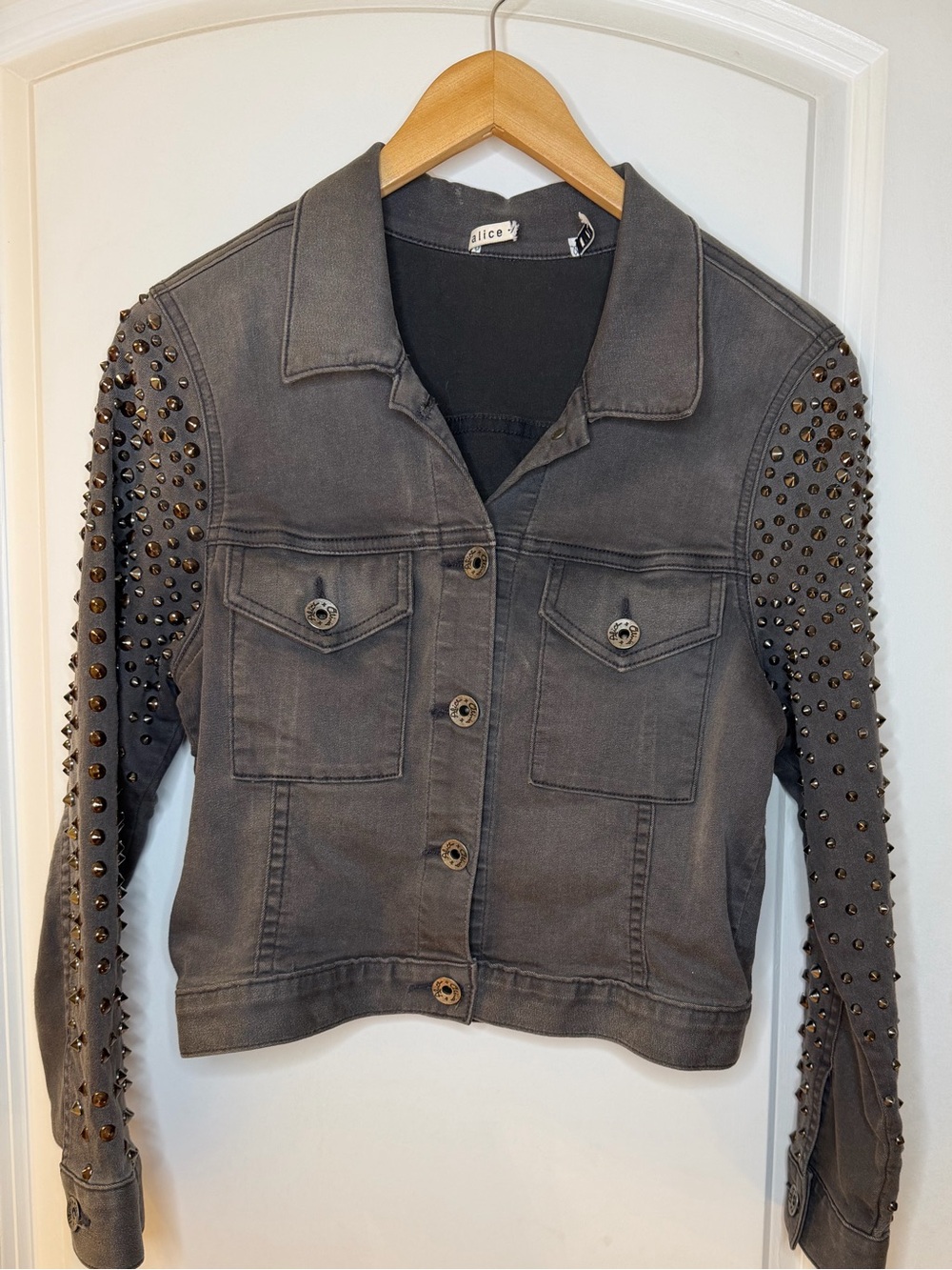 Vintage Alice + Olivia Gray Studded Denim Jacket, size 2